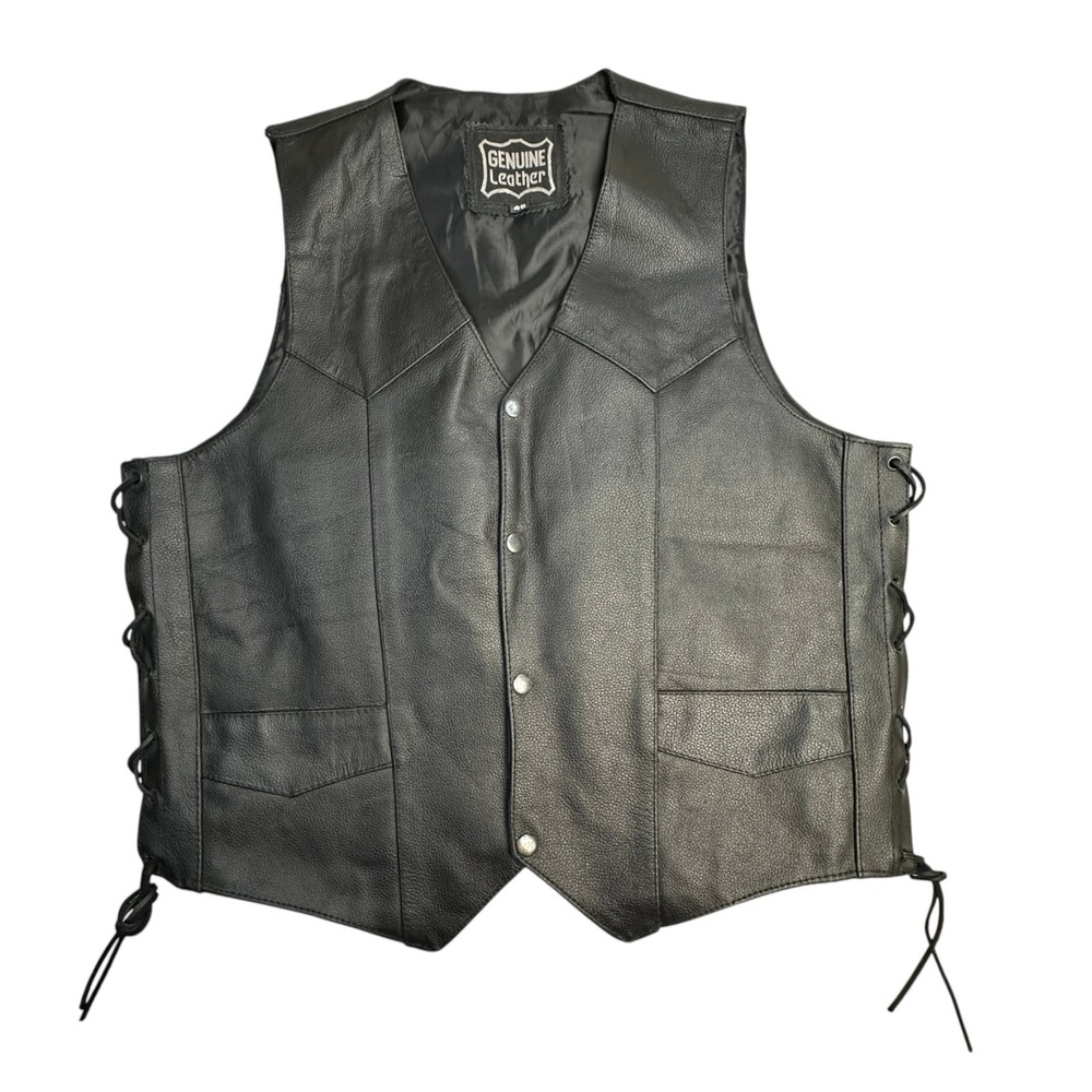 Genuine Leather Vest Mens 46 Black Leather Lace Up Sides Snap Motorcycle Biker